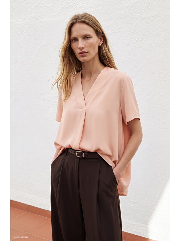 SATEEN Geniş Kısa Kollu Bluz - Pudra