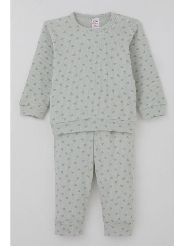 Breeze Erkek Bebek Pijama Takımı Omuzdan Patlı Minik Üçgenler Desenli Su Yeşili (4 Ay-1 Yaş)