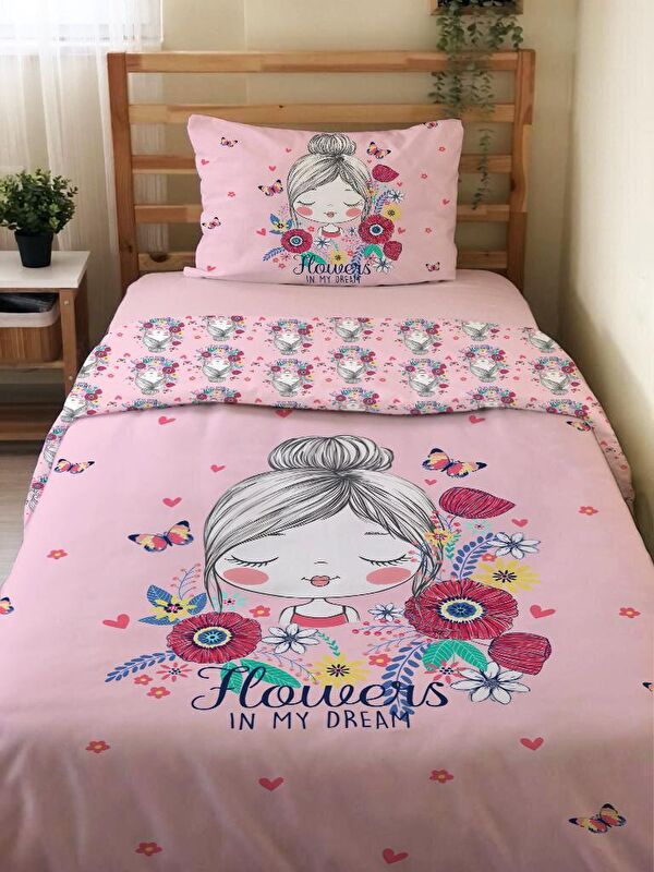 Evmila Çift Taraflı Kız Çocuk Desenli Çarşafsız Takım Tek Kişilik Nevresim Takımı 160x220 Cm
