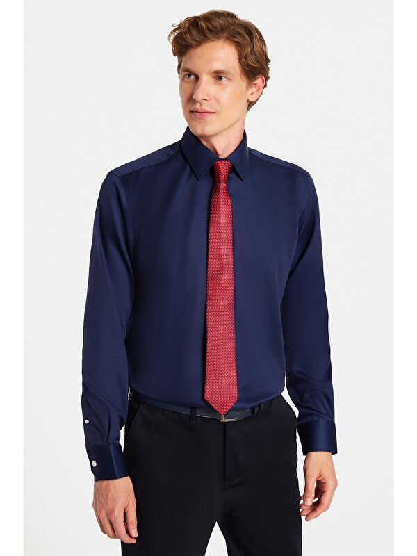 TUDORS Slim Fit Lacivert Non-Iron %100 Pamuk Doğa Dostu Ekoteks Belgeli Ütü Gerektirmez Gömlek