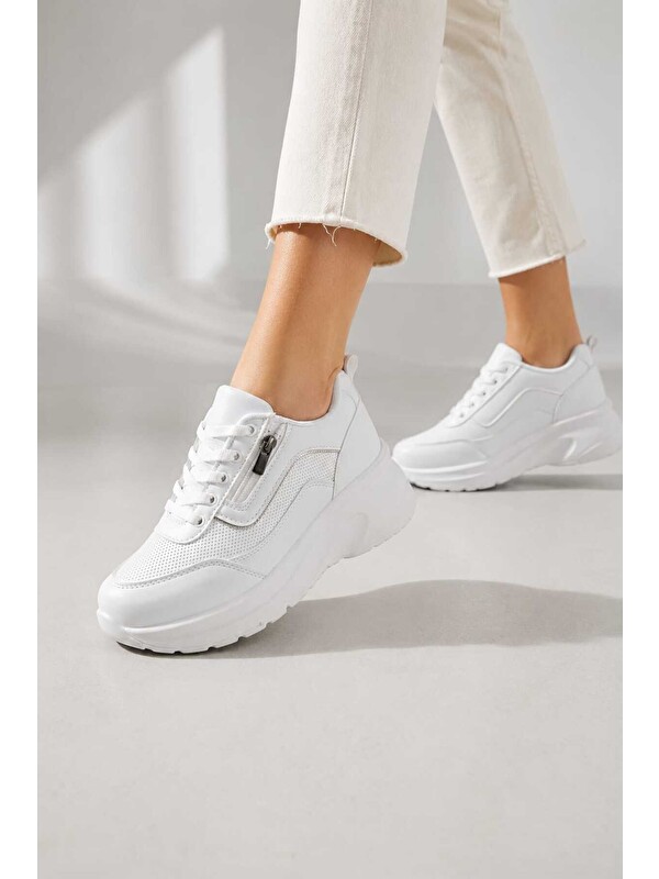 Slipcat Kadın, Günlük, 6 cm Kalın Tabanlı, Fermuar Görünümlü, Spor Ayakkabı Sneakers