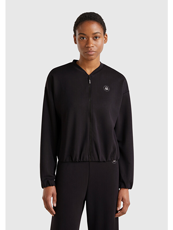 United Colors Of Benetton Kadın Siyah Logo Baskılı Önü Fermuarlı Beli Lastikli Sweatshirt