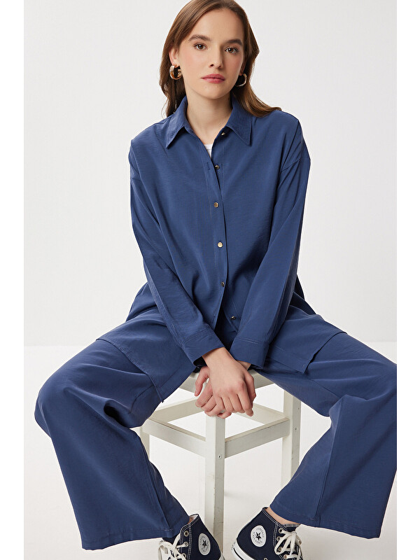 Happiness İstanbul Oversize Modal Gömlek Pantolon Takım LACİVERT LBY0030