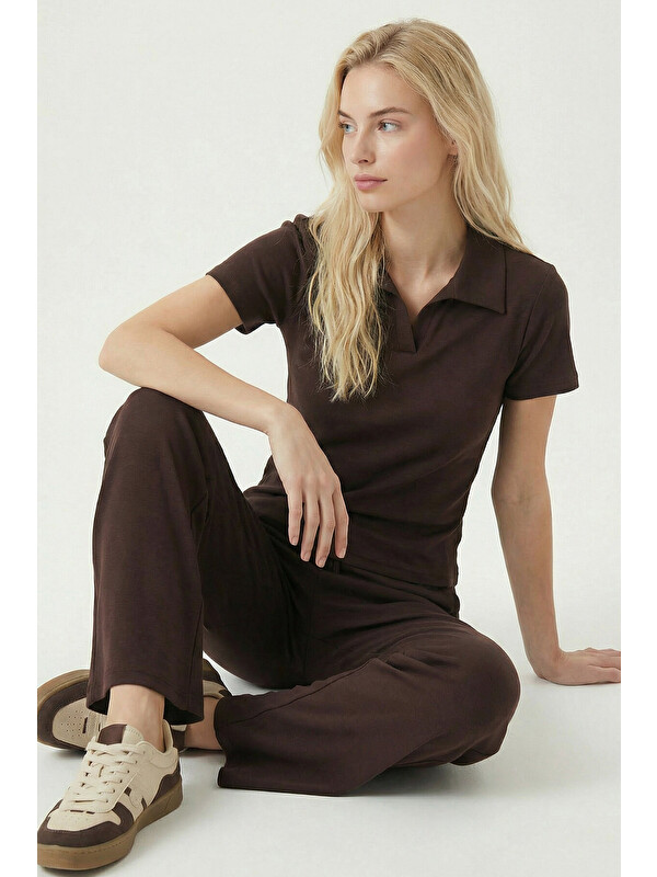 Happiness İstanbul Polo Yaka Esnek Örme Alt-Üst Takım KAHVERENGİ LBY0038