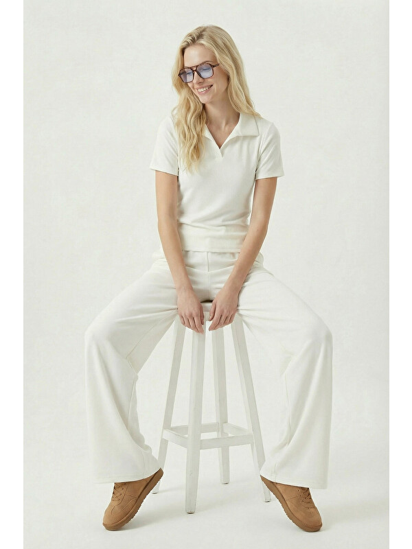 Happiness İstanbul Polo Yaka Esnek Örme Alt-Üst Takım KEMİK LBY0038
