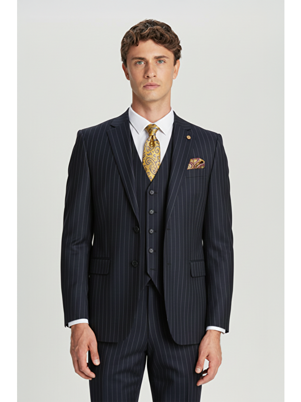 Sabri Özel Giotelli Lacivert Slim Fit Çizgili Mono Yaka Yelekli Takım Elbise