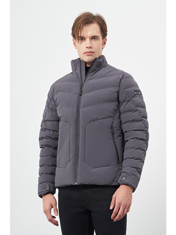 İMZA Koyu Antrasit Dolumlu Hakim Yaka Slim Fit Dar Kesim Klasik Şişme Mont 1007245153