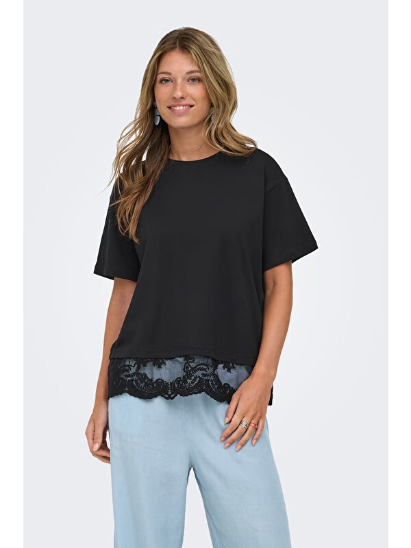 Only Onlvivvi Pamuklu Bisiklet Yaka Dantel Detaylı T Shirt 15385031