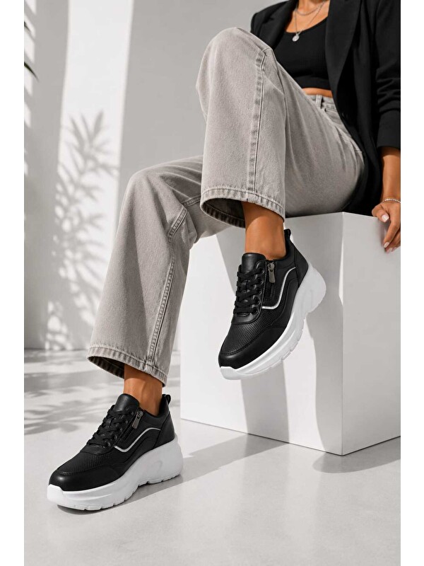 Slipcat Kadın, Günlük, 6 cm Kalın Tabanlı, Fermuar Görünümlü, Spor Ayakkabı Sneakers