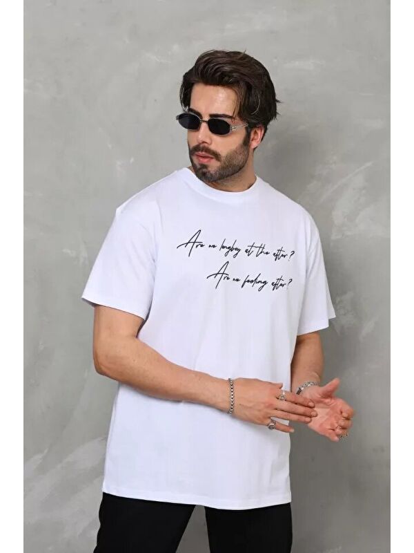 Jane's Unisex Bisiklet Yaka Baskılı Oversize T-Shirt - Beyaz