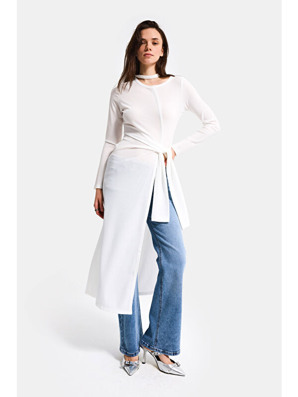 It's Basic Kadın Beyaz w5 Maxi Boy %100 Organik Kumaş Tasarım Belden Bağlamalı Tunik