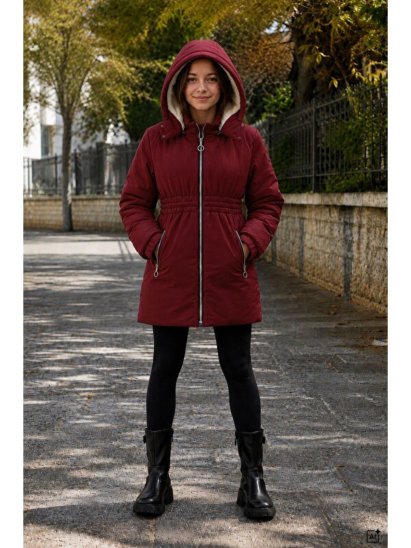 Cansın Mini Bordo Kız Çocuk Beli Büzgülü İçi Pelüş Kürklü Çıkarılabilir Kapüşonlu Şişme Mont 24893