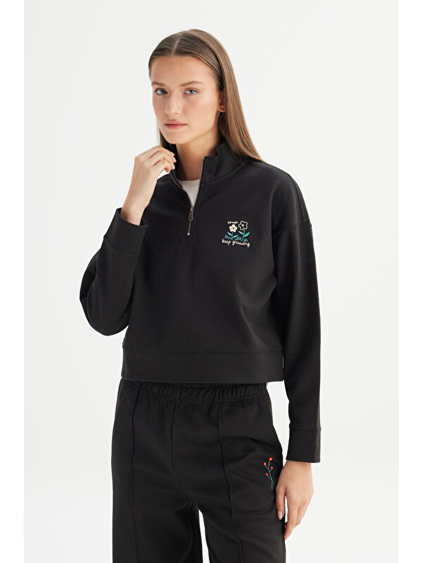 Wrangler Regular Fit Fermuar Yaka Detaylı Siyah Sweatshirt