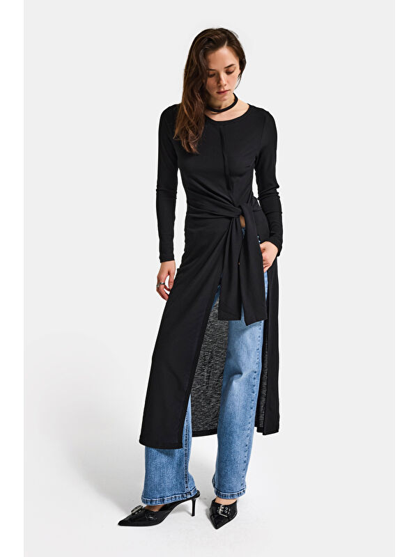 It's Basic Kadın Siyah w5 Maxi Boy %100 Organik Kumaş Tasarım Belden Bağlamalı Tunik