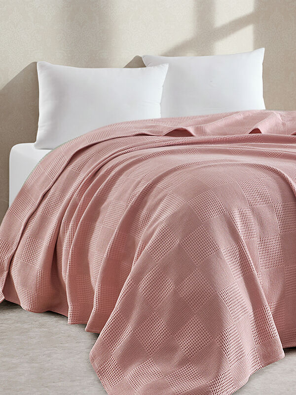 UPSTYLE %100 Pamuk Pike Battal Boy Örtü – Karo Desen Pudra Renk, 240x230 cm