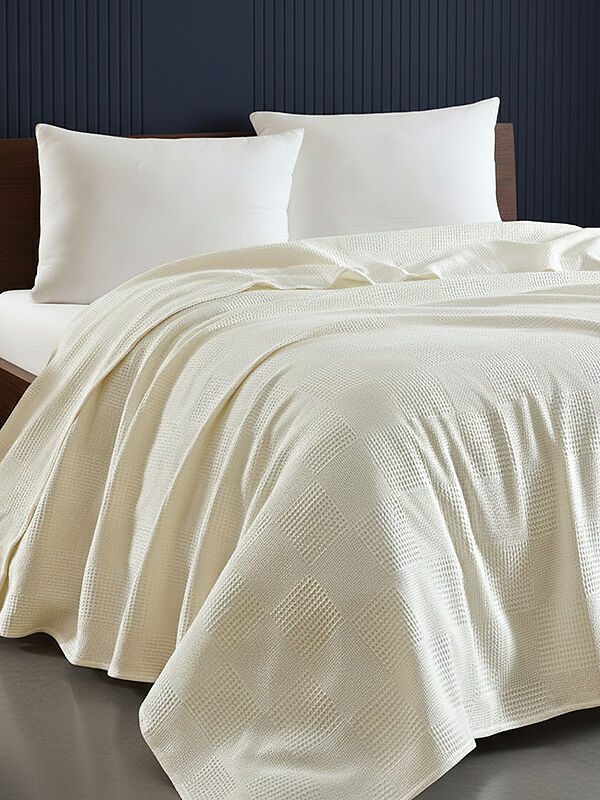UPSTYLE %100 Pamuk Pike Battal Boy Örtü – Karo Desen Krem Renk, 240x230 cm