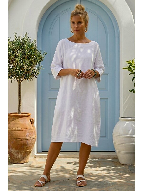Chiccy Beyaz Casual 100% Keten Dokuma Elbise 102 61