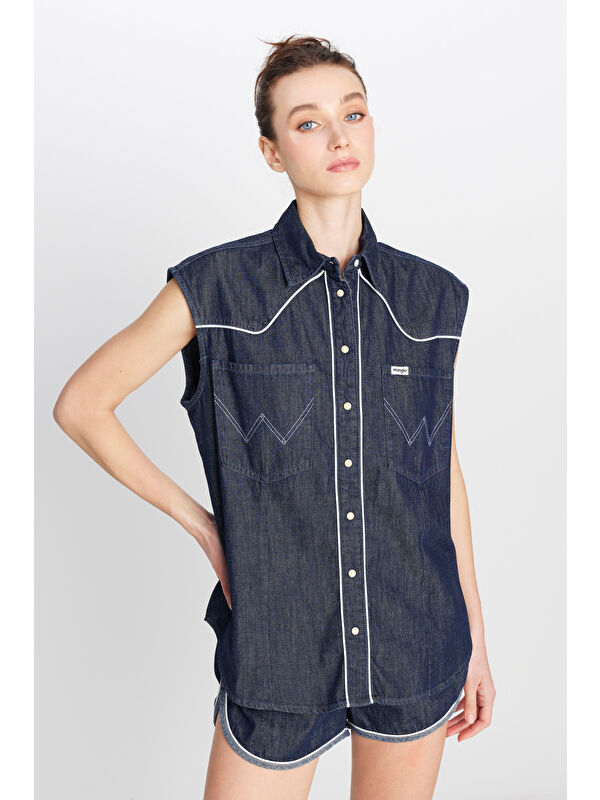 Wrangler Lacivert %100 Pamuk Rahat Kesim Cepli Denim Jean Gömlek