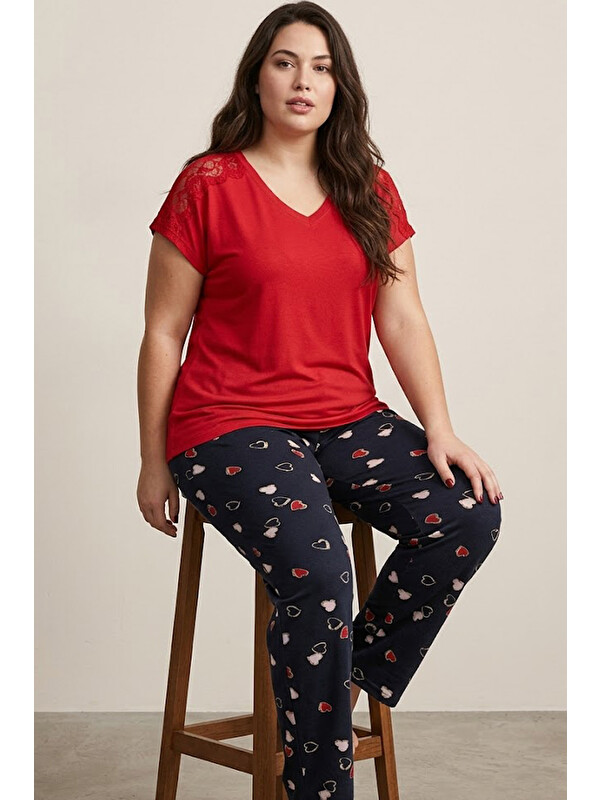 Siyah İnci kırmızı desenli Büyük Beden Battal Boy Viskon Örme Pijama Takım