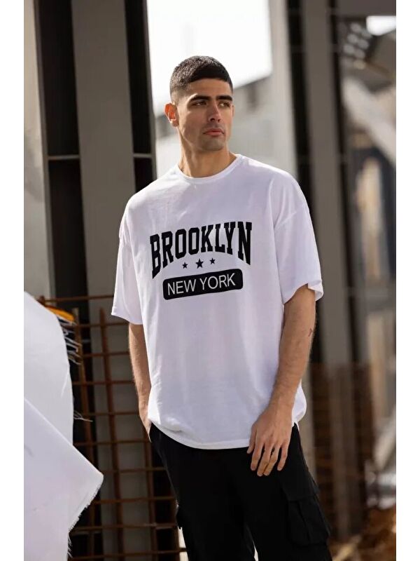 Jane's Unisex Bisiklet Yaka Baskılı Oversize T-Shirt - Beyaz
