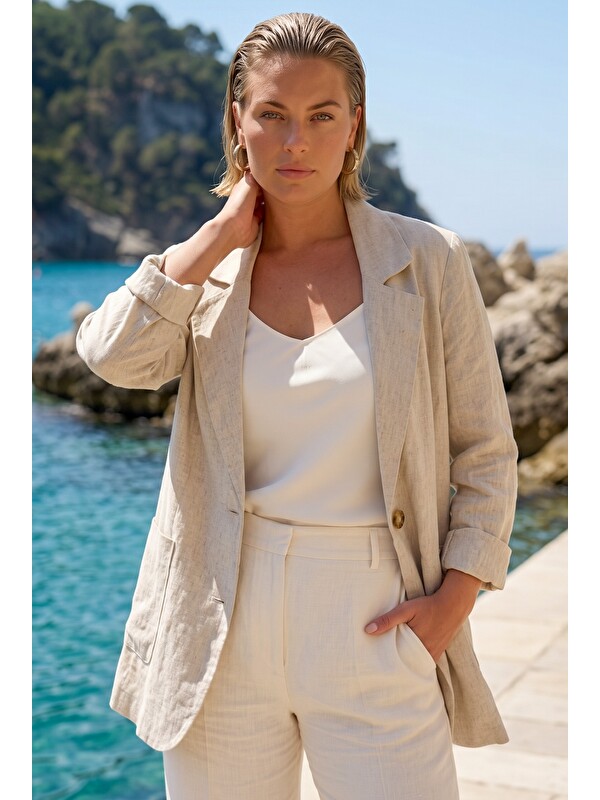 Chiccy İtalyan Bej Ceket Yaka Uzun Kol Cepli Casual 100% Keten Dokuma Ceket 72 62