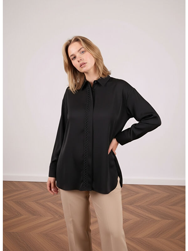 Pera Moda Büyük Beden İç Göstermeyen Uzun Oversize Önü Nakışlı Gömlek