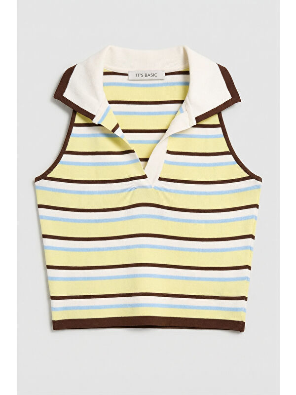 It's Basic Kadın Sarı Çizgili s6-108 Crop Fit Polo Yaka İnce Yazlık Triko Body