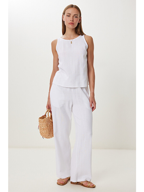 Happiness İstanbul Keten Bluz Pantolon Takım BEYAZ LMC0062