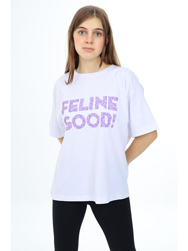 Pengai Beyaz Leopar Desenli Yazılı Bisiklet Yaka Kız T-shirt 17780