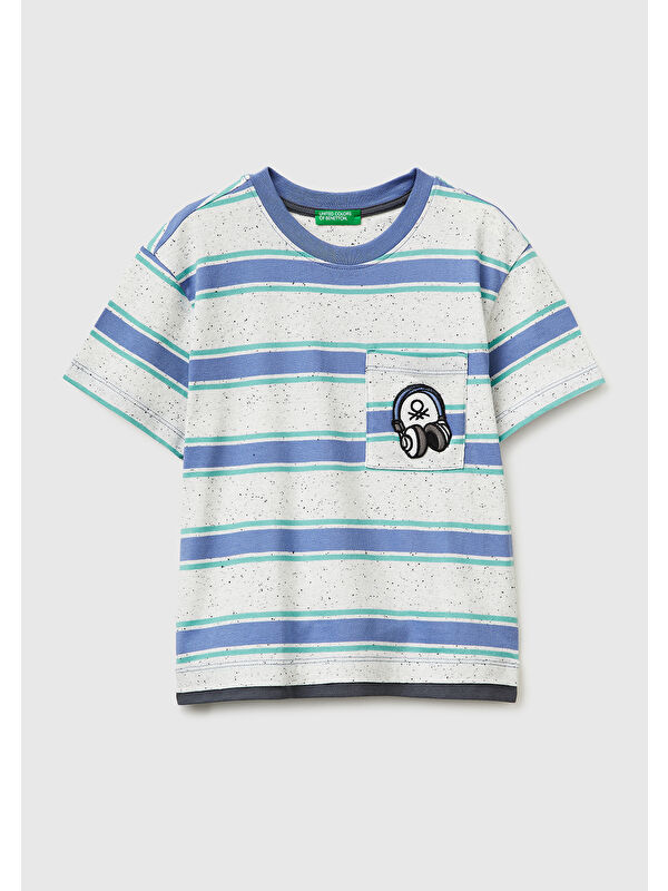 United Colors Of Benetton Erkek Çocuk Açık Mavi Mix Yama Detaylı Cepli Çizgili Bisiklet Yaka T-Shirt
