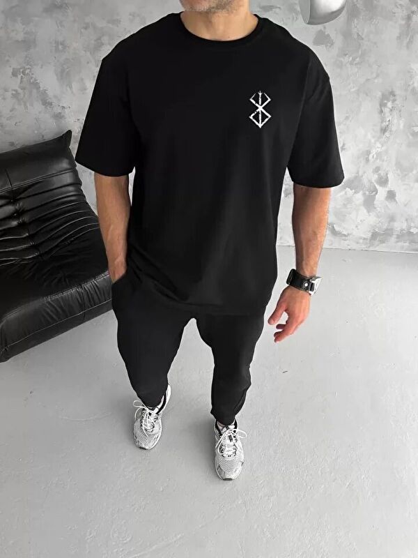 Jane's Unisex Bisiklet Yaka Baskılı Oversize T-Shirt - Siyah