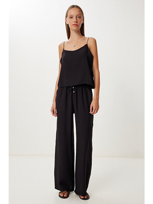 Happiness İstanbul Askılı Dokuma Bluz Pantolon Takım SİYAH LMC0064