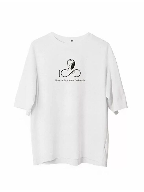 Jane's Unisex Bisiklet Yaka Baskılı Oversize T-Shirt - Beyaz