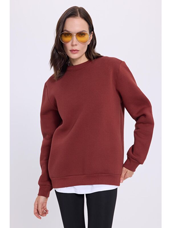 TUDORS Kadın Oversize Geniş Kesim Pamuklu 3 İplik İçi Polarlı Basic Kiremit Bisiklet Yaka Sweatshirt