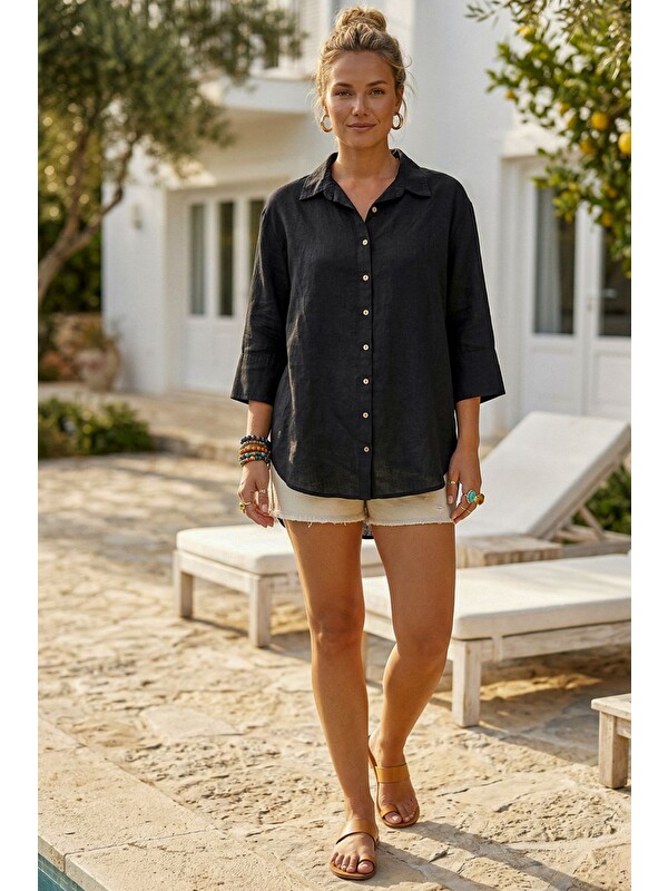 Chiccy Siyah Gömlek Yaka 3/4 Kol Düğmeli Cepsiz Yıkamalı 100% Keten Oversize Dokuma Gömlek 75 63