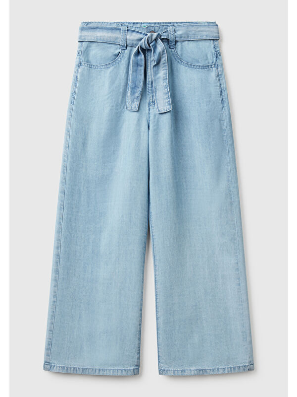 United Colors Of Benetton Kız Çocuk Açık Denim %100 Liyosel Beli Kuşaklı Wide Fit Denim Pantolon