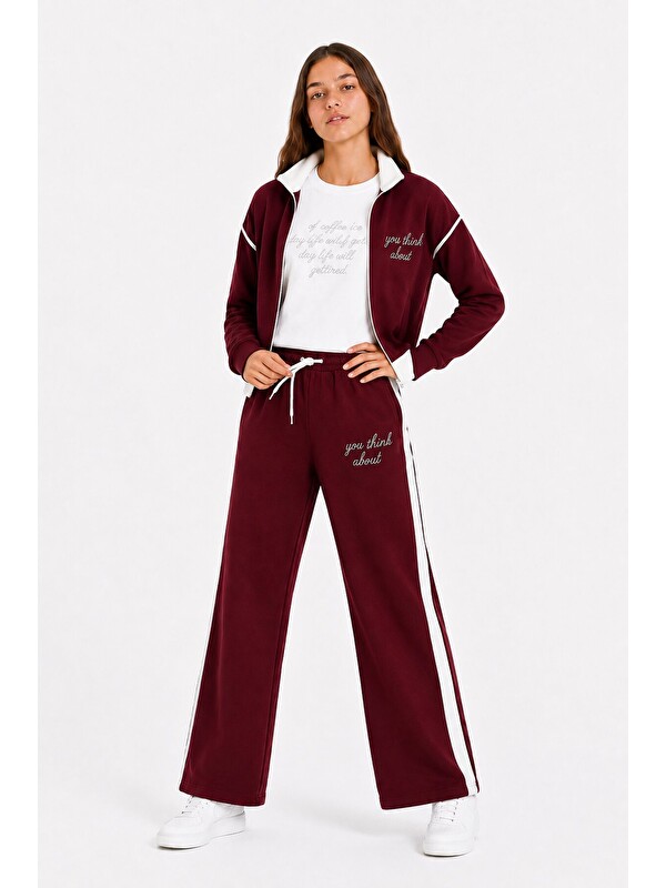 Cansın Mini Bordo Kız Çocuk Taşlı Dik Yaka Hırkalı Geniş Paça 3lü Alt Üst Takım 24744