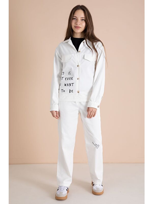 Cansın Mini Ekru Yazı Detaylı Gömlekli Kız Çocuk Pantolonlu Gabardin Takım 23566