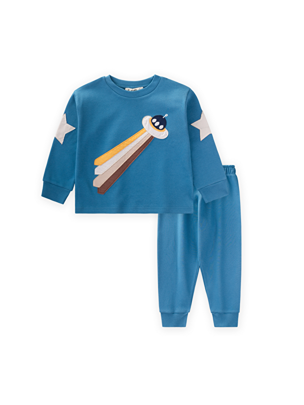 CİGİT Uzay Aracı Aplikeli Pijama Takım 2-8 Yaş İndigo Mavi