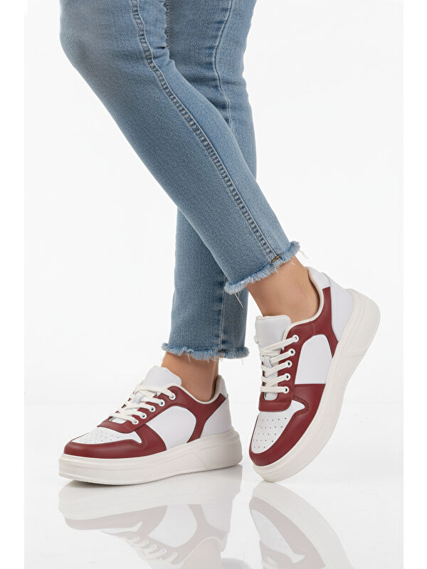 Ayakmod Beyaz Bordo Bağcıklı Cilt Hafif Unisex Sneaker Aper 049 G