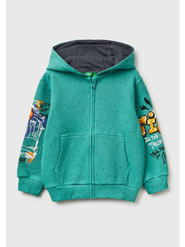 United Colors Of Benetton Erkek Çocuk Yeşil Fermuarlı Kol Baskılı Kapüşonlu Sweatshirt