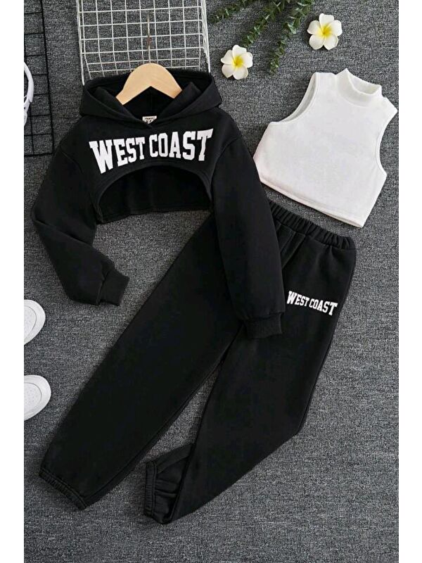 Riccotarz Kız Çocuk Kolsuz Bluz West Coast Baskı Kapüşonlu Crop Kaşkorse 3 lü Siyah Eşofman Takım