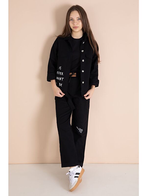 Cansın Mini Siyah Yazı Detaylı Gömlekli Kız Çocuk Pantolonlu Gabardin Takım 23563