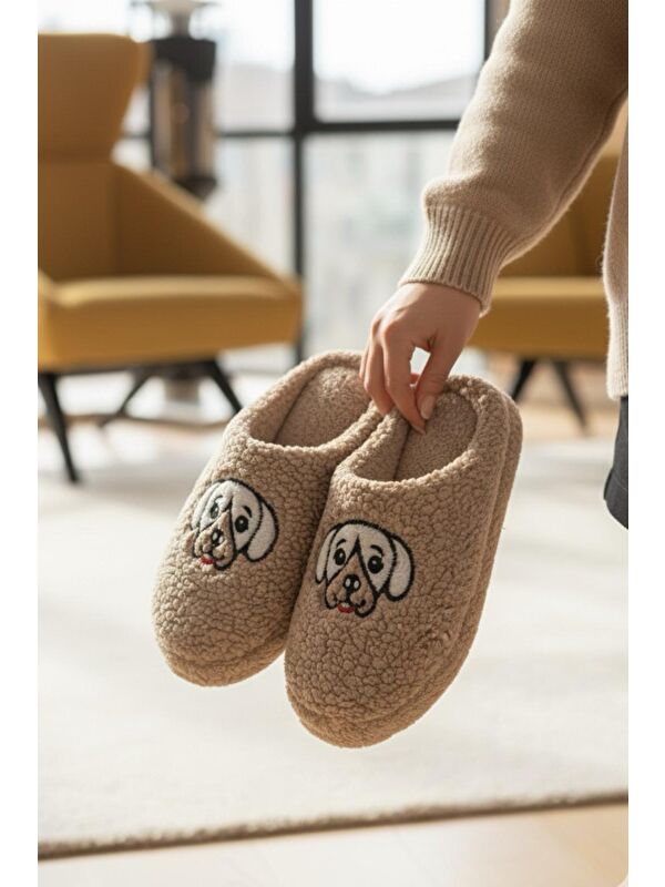 Ft 102 Köpek Nakışlı Kadın Ev Terliği Pelüş Terlik Çeyiz ve Bohça Terliği Ses Yapmaz Kalın Taban - Görsel 4