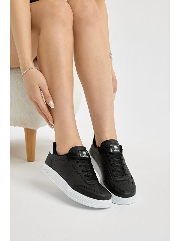 TONNY BLACK Unisex Siyah Beyaz Hafif Faylon Taban Bağcıklı Günlük Spor Ayakkabı