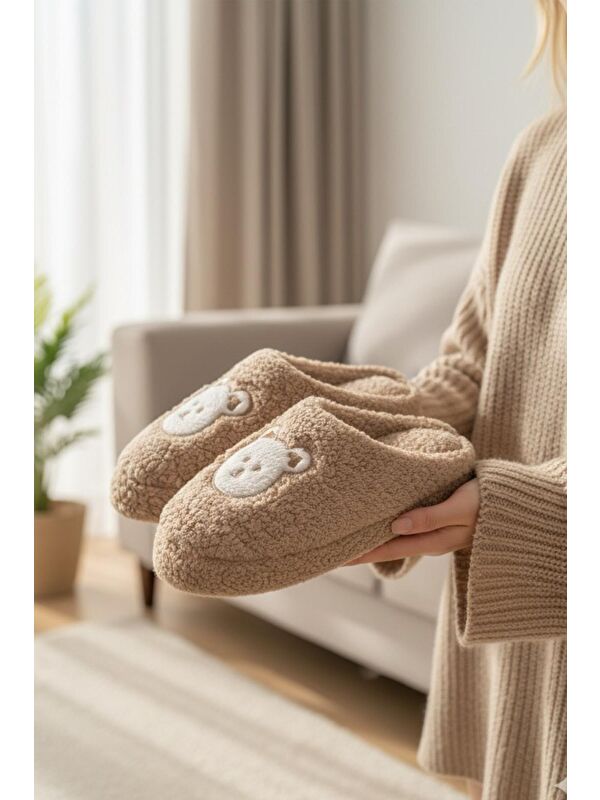 Ft 103 Panda Nakışlı Kadın Ev Terliği Pelüş Terlik Çeyiz ve Bohça Terliği Ses Yapmaz Kalın Taban - Görsel 2