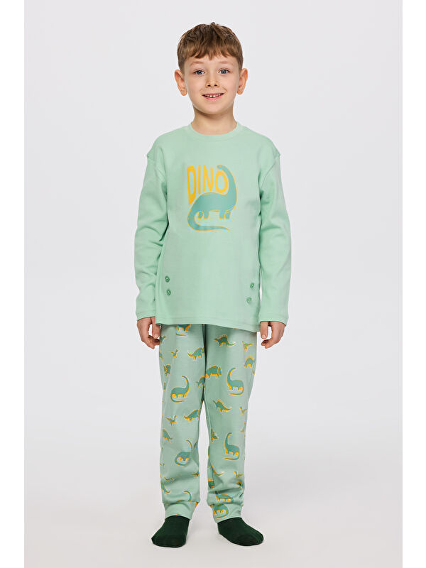 Panço Erkek Çocuk Dinozor Desenli Turkuaz Pijama Takımı