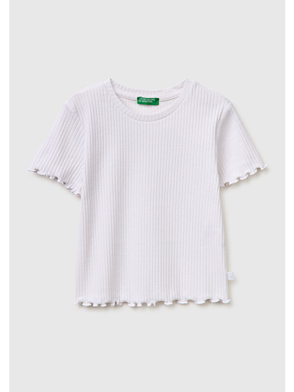 United Colors Of Benetton Kız Çocuk Beyaz Etek Ucu Fırfırlı Bisiklet Yaka Kısa Kollu T-Shirt