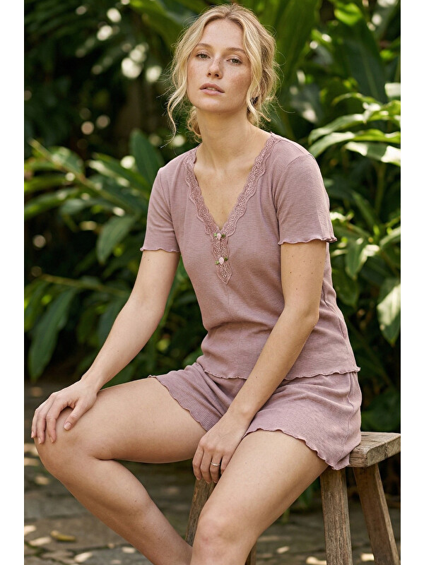 Siyah İnci vizon Dantel Detaylı Fitilli Şortlu Örme Pijama Takım 26120054