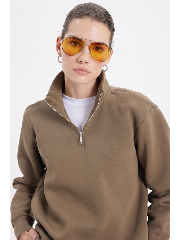 TUDORS Kadın Relax Fit Rahat Kesim Pamuklu İçi Polarlı Yarım Fermuarlı Haki Dik Yaka Sweatshirt